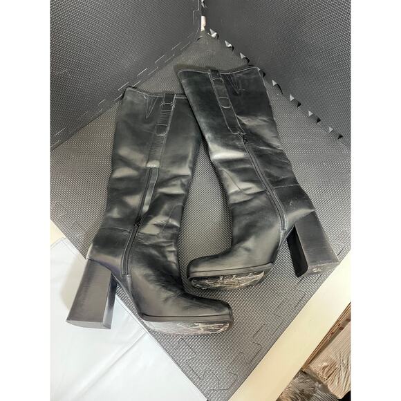 Free People Gogo Boots Black Leather Rave Festival Chunky Heel Knee High Size 10 - Picture 3 of 11